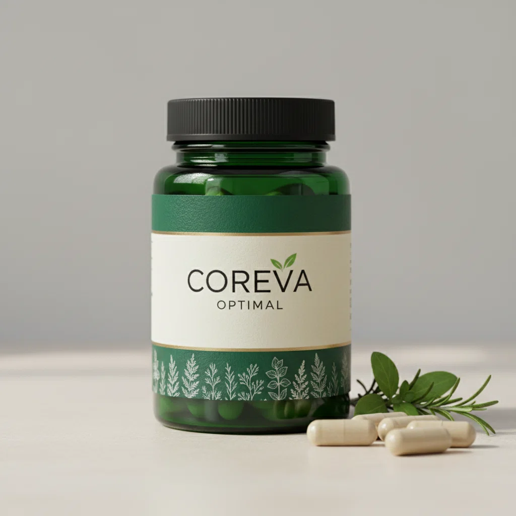 Coreva Optimal dark green glass supplement jar with silver lid on a clean studio surface